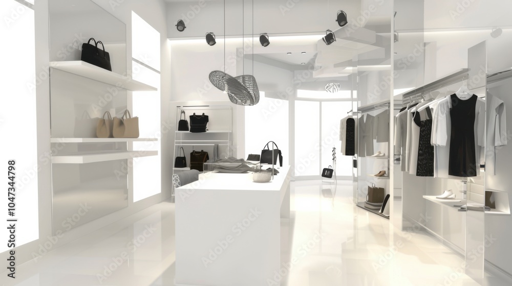 A sophisticated and stylish retail space design featuring a clean white canvas backdrop, Artfully displayed minimalist merchandise, Fashion-forward minimalist style