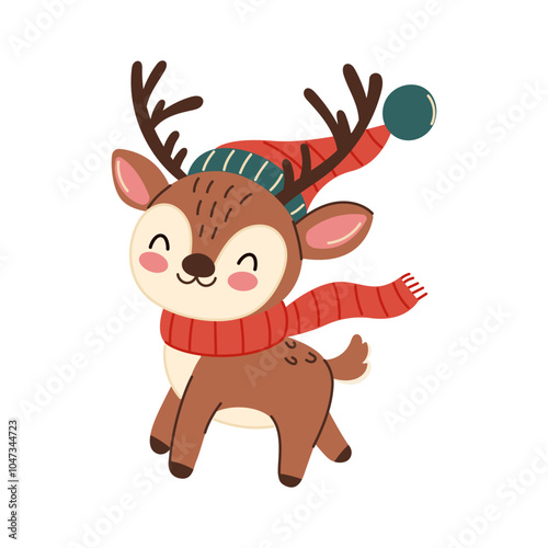 Christmas deer wearing hat and scarf. Cute Christmas reindeer isolated on white background. Hand drawn style