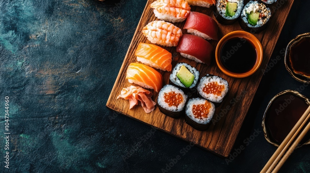 A traditional Japanese sushi platter featuring fresh salmon, tuna, and avocado rolls served on a wooden board with chopsticks and soy sauce. Minimalistic aesthetic. A traditional Japanese sushi platter featuring fresh salmon, tuna, and avocado rolls served on a wooden board with chopsticks and soy sauce. Minimalistic aesthetic.