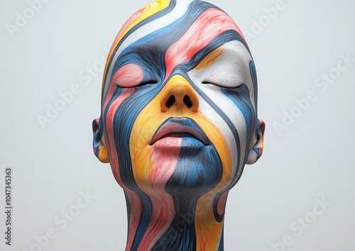 A close-up of a face with vibrant, abstract body paint in swirling patterns. photo