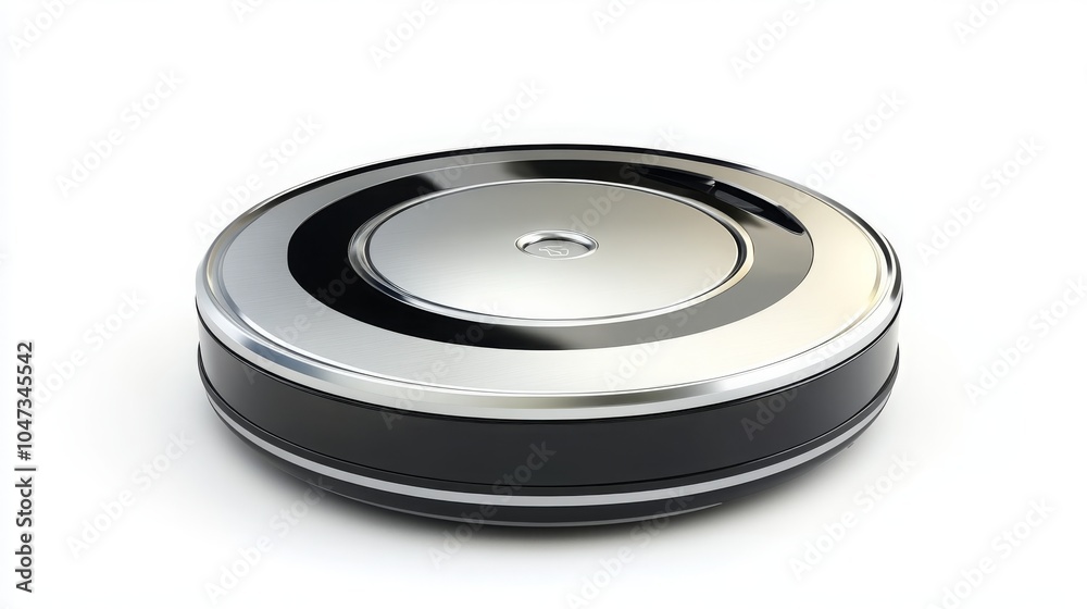 Round robotic vacuum cleaner in silver and black on a white background. Round robotic vacuum cleaner in silver and black on a white background.