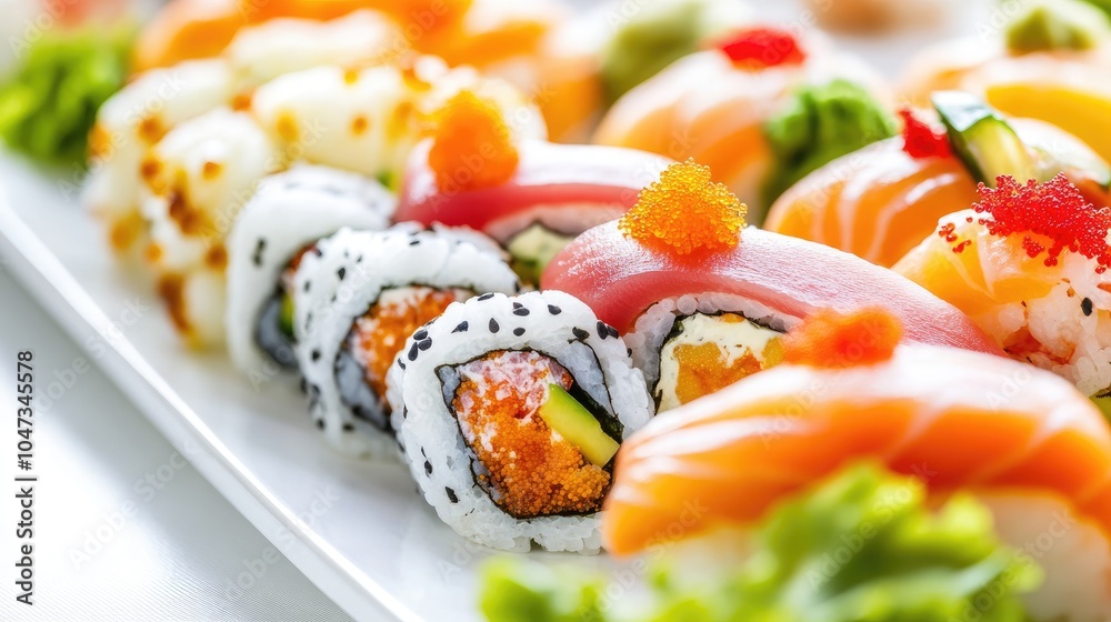 A vibrant platter of sushi rolls, including spicy tuna and California rolls, displayed on a clean white plate with colorful garnish. A vibrant platter of sushi rolls, including spicy tuna and California rolls, displayed on a clean white plate with colorful garnish.