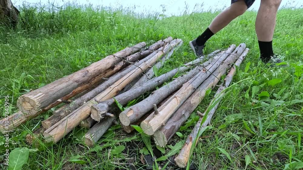 A tourist came to nature with a bundle of firewood A tourist came to nature with a bundle of firewood