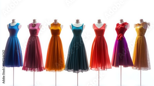 Set of sleeveless dresses in various colors, on ghost mannequins, isolated on white photo