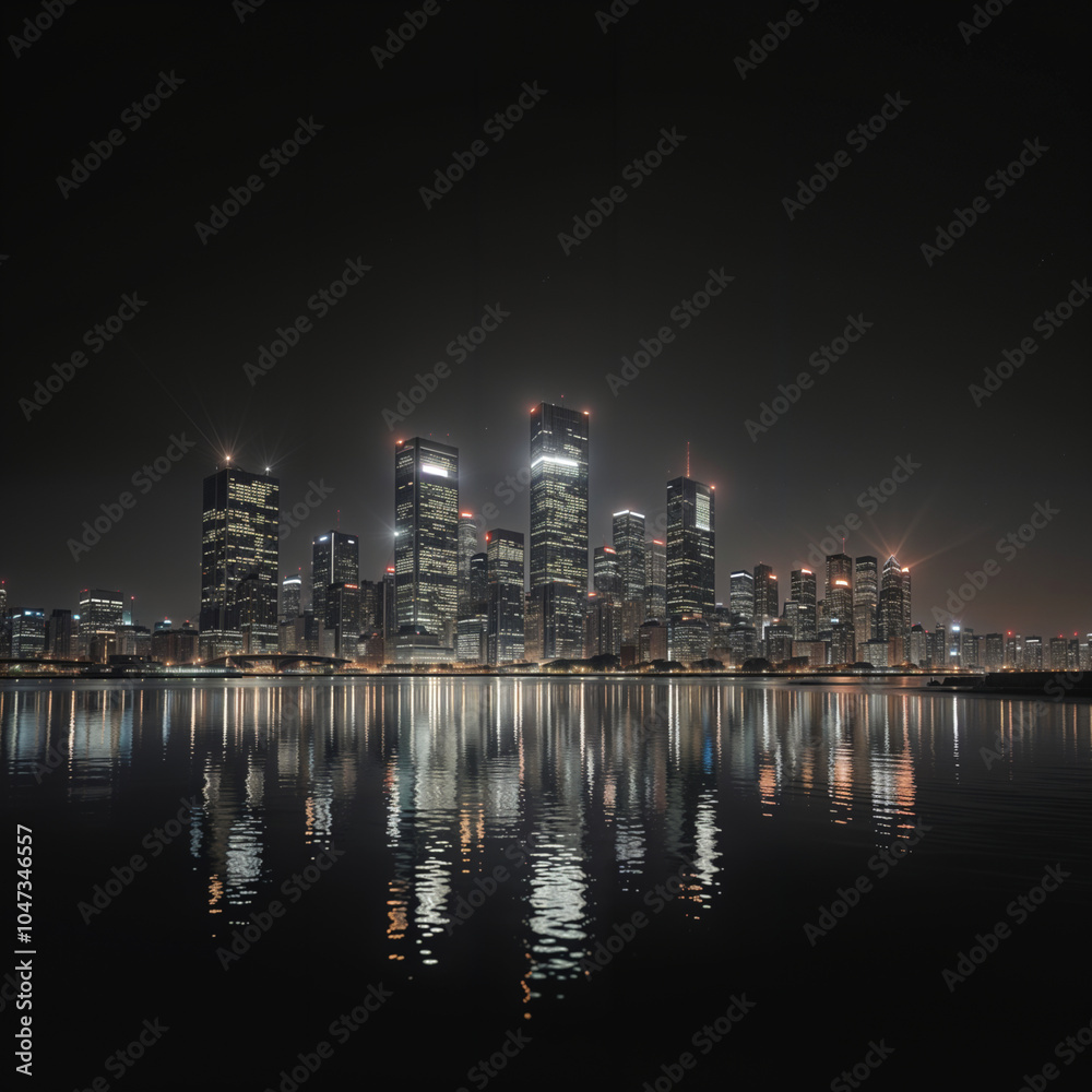 custom made wallpaper toronto digitalStunning Night Skyline of a City with Skyscrapers Reflected in Calm Waters under a Starry Sky