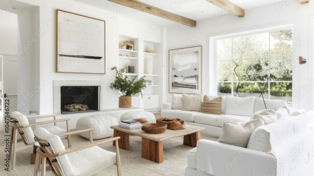 A sophisticated and tranquil living room design featuring a white canvas backdrop, Strategically placed minimalist furniture, Minimalist farmhouse style A sophisticated and tranquil living room design featuring a white canvas backdrop, Strategically placed minimalist furniture, Minimalist farmhouse style