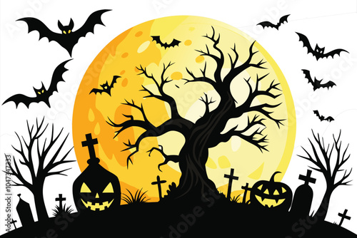 Spooky Halloween Night with Bats and Full Moon