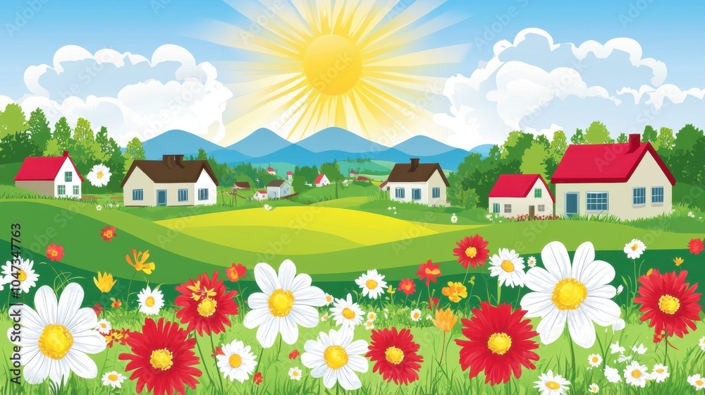 Fototapeta premium Village Panorama: Green Meadows and Blue Skies in a Cartoon Landscape