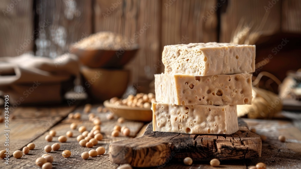 Three Slices of Tempeh on a Rustic Wooden Board with Soybeans Scattered Around Three Slices of Tempeh on a Rustic Wooden Board with Soybeans Scattered Around