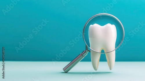 Conceptual image of a tooth under a magnifying glass, showing the smooth, protected enamel surface, enamel care, tooth protection photo