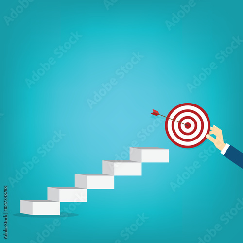 Goal, motivation to success. Business improvement concept. Climb up stairs to reach goal target on the top.	