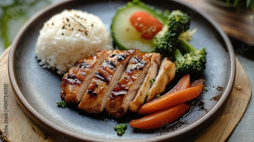 Grilled teriyaki chicken served with steamed rice and vegetables, plated beautifully on a ceramic dish with a minimalist aesthetic.