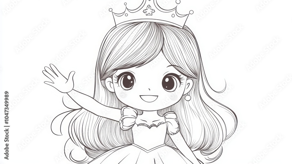 Vector drawing of a cute little princess waving, for coloring books. - Vector drawing of a cute little princess waving, for coloring books. -