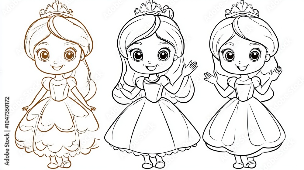 Vector drawing of a cute little princess waving, for coloring books. - Vector drawing of a cute little princess waving, for coloring books. -