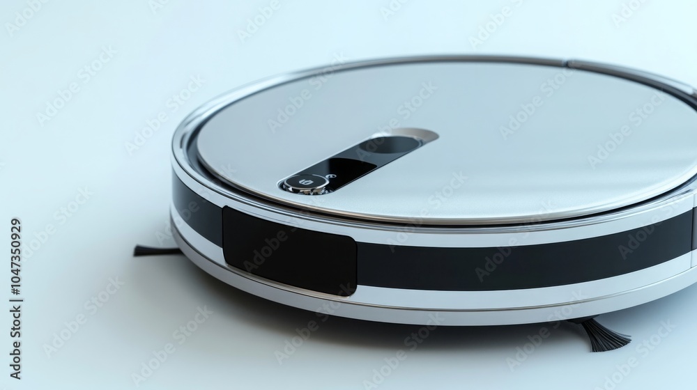 White and silver robot vacuum with a black button on the front, isolated on white. White and silver robot vacuum with a black button on the front, isolated on white.