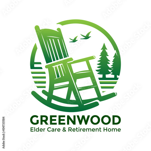 Green rocking chair with pines and birds background vector logo 