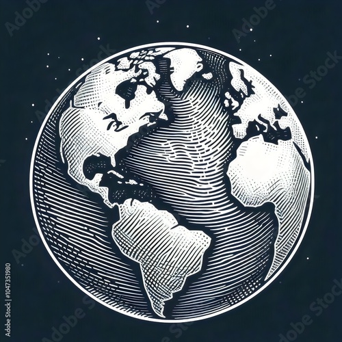 Globe, sketch engraving generative raster illustration. Black and white image.