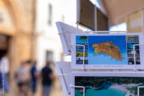 Foto Rack of postcards featuring famous locations in Menorca, Spain