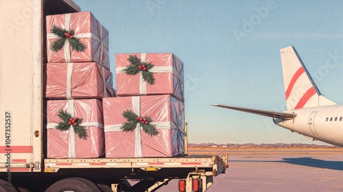 Large pink Christmas gift boxes loaded onto truck by airplane, holiday gift transportation and delivery scene
 photo