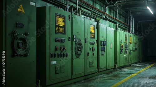 Militarystyle industrial power unit in bunker with technical features photo