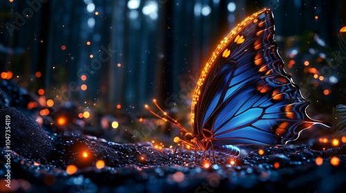 A glowing blue butterfly with orange accents sits on a dark, rocky surface with a blurred forest background