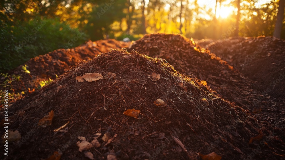 Fototapeta premium A close-up of rich, brown soil with scattered leaves