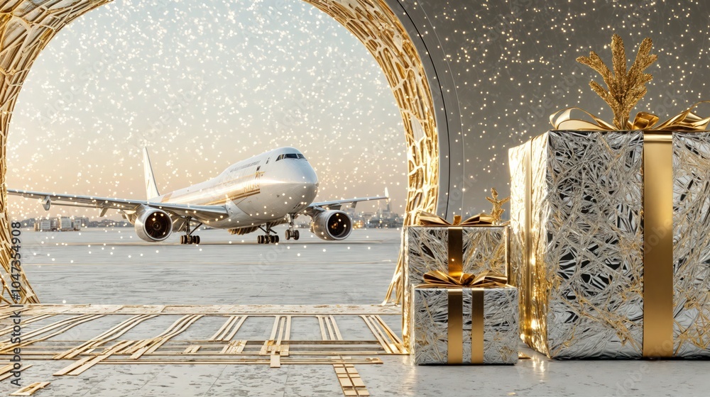 Luxury Christmas gifts with gold wrapping in front of airplane at airport, festive travel and holiday celebration
