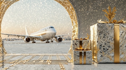 Obraz na płótnie Luxury Christmas gifts with gold wrapping in front of airplane at airport, festive travel and holiday celebration
w salonie