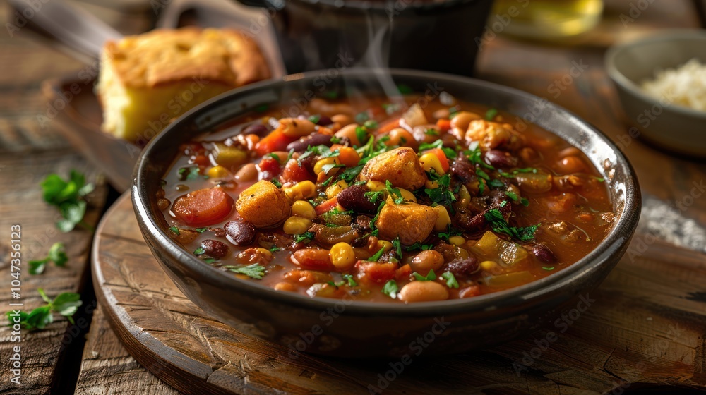 Steaming Bowl of Hearty Vegetable Soup with Corn and Beans Steaming Bowl of Hearty Vegetable Soup with Corn and Beans