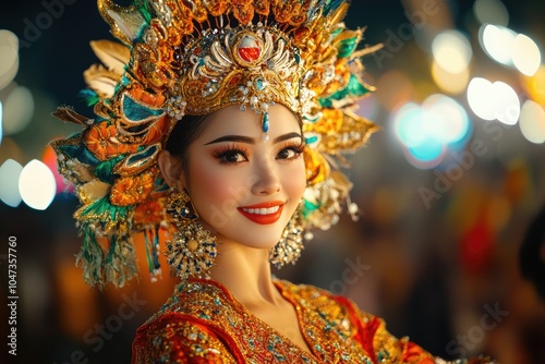 Beautiful asian woman wearing traditional gold headdress smiling at night festival photo