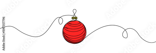 Christmas ball one line icon. Simple one continuous line drawing of red christmas bauble isolated on white background.Holiday christmas decoration.