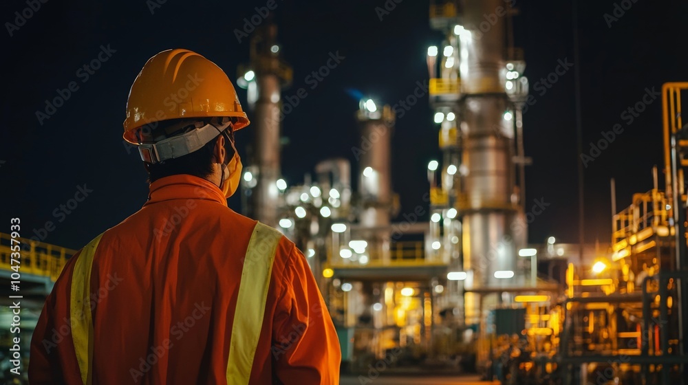 An oil refinery at night, with illuminated pipes and industrial towers, and workers in protective gear An oil refinery at night, with illuminated pipes and industrial towers, and workers in protective gear