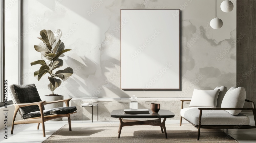 A stylish and modern lounge area featuring a minimalist white canvas background, Accentuating the beauty of simplicity with meticulously arranged furnishings A stylish and modern lounge area featuring a minimalist white canvas background, Accentuating the beauty of simplicity with meticulously arranged furnishings