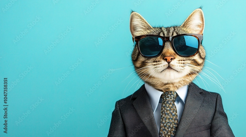 Stylish Cat in Sunglasses and Suit Against Blue Background Stylish Cat in Sunglasses and Suit Against Blue Background