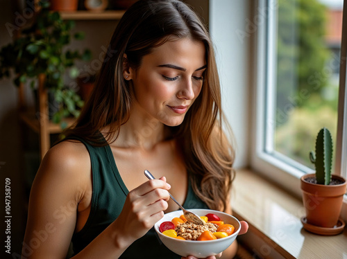 Authentic moment capturing mindful eating practice with healthy, colorful food composition