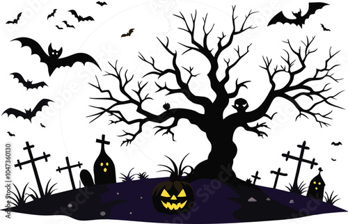Spooky Halloween Scene With Bats And Graveyard