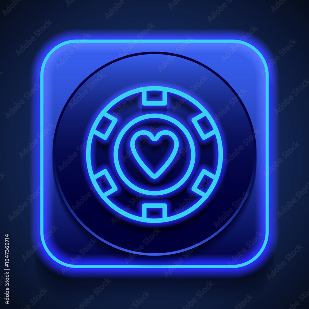 Casino, poker chip, heart simple icon vector. Flat design. Blue neon style on button. With shadow Casino, poker chip, heart simple icon vector. Flat design. Blue neon style on button. With shadow