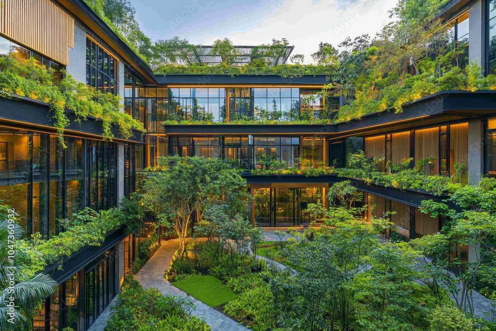 Modern Architecture with Green Roof and Courtyard Modern Architecture with Green Roof and Courtyard