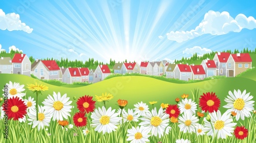 Village Panorama: Green Meadows and Blue Skies in a Cartoon Landscape