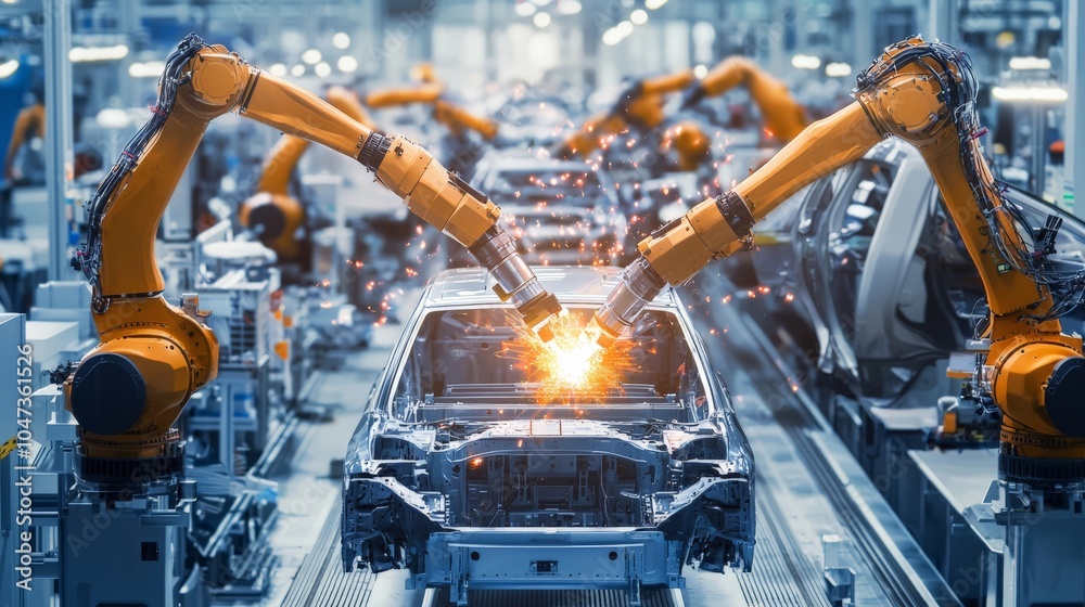 Assembly line in a modern automotive factory, robotic arms working, high-tech environment Assembly line in a modern automotive factory, robotic arms working, high-tech environment