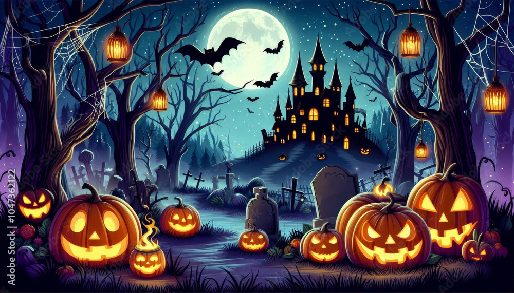 Fototapeta premium ilustración Halloween. calabazas, bosque encantado, murcielagos