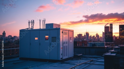 Urban rooftop generator installation with white enclosure in sunset lighting