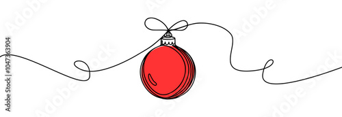 Christmas ball one line icon. Simple one continuous line drawing of red christmas bauble isolated on white background.Holiday christmas decoration.