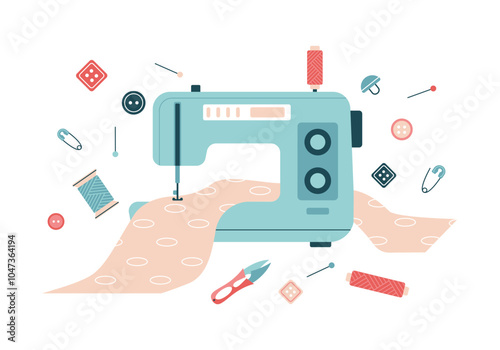 Sewing mashine and tailoring tools. Accessories for atelier, dressmaker. Elements for needlework, handmade, hobby. Sew or clothes designer concept. Vector illustration