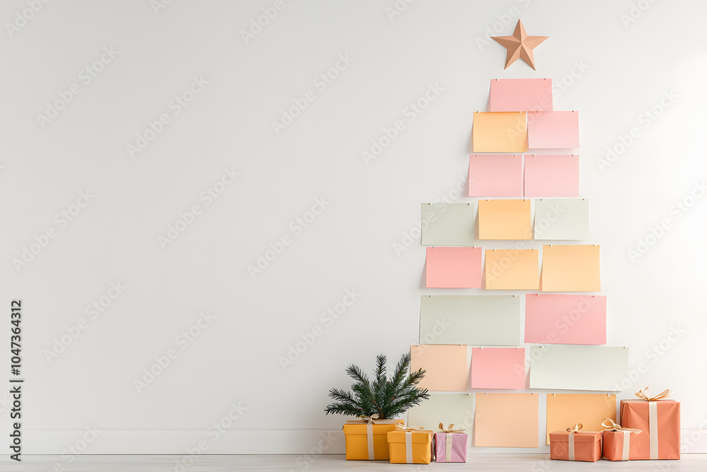 Clean Blank Sticky Notes Arranged on Wall in Shape of Christmas Tree: A Creative and Minimalist Holiday Decoration. Clean Blank Sticky Notes Arranged on Wall in Shape of Christmas Tree: A Creative and Minimalist Holiday Decoration.