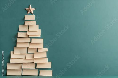 Clean Blank Sticky Notes Arranged on Wall in Shape of Christmas Tree: A Creative and Minimalist Holiday Decoration. photo