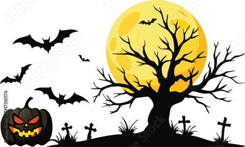Halloween Night Spooky Tree Bats Pumpkin Moon