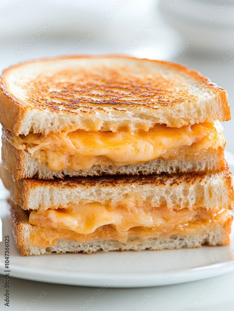 A slice of cheese sandwich is cut in half and placed on a white plate A slice of cheese sandwich is cut in half and placed on a white plate