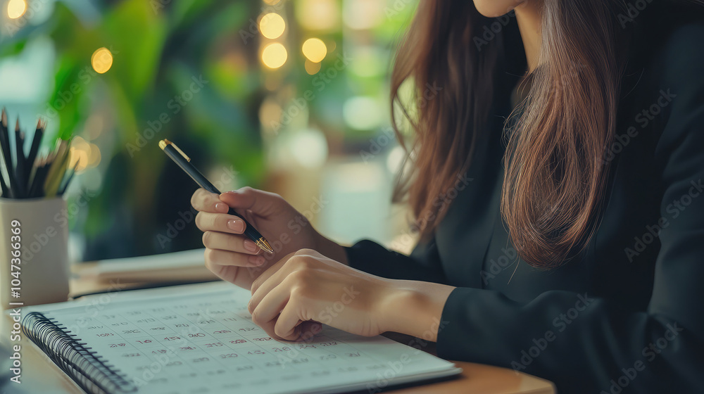 A woman diligently writing in a notebook at her desk A woman diligently writing in a notebook at her desk