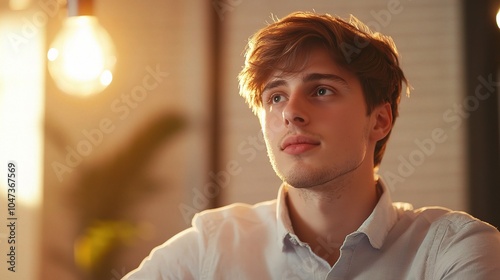 Young Man Contemplating in Warm Lighting Ambience
